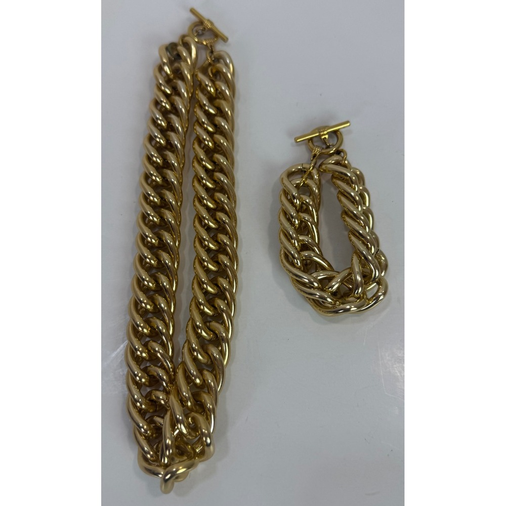 Vtg Chunky Gold Tone Curb Chain Necklace & Bracelet Set Toggle Clasp Statement